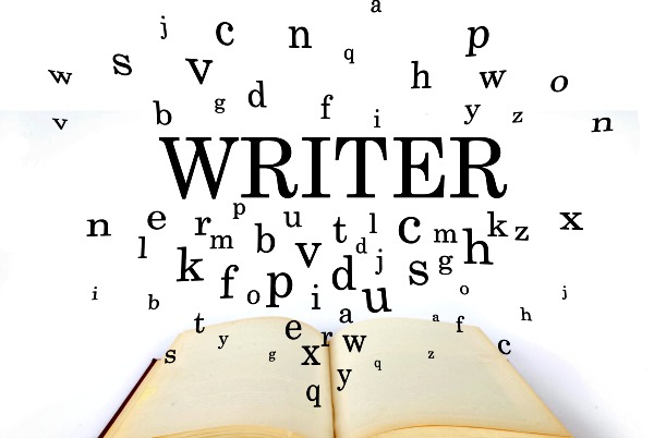 Writer, word on the book with letters flying